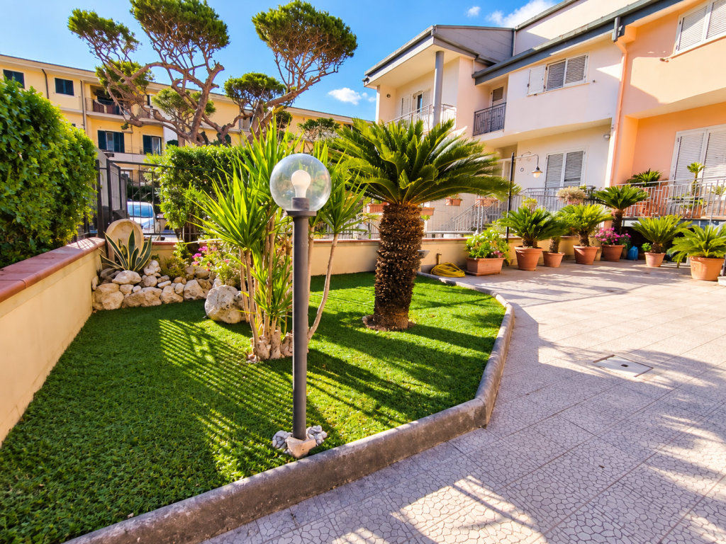 Cortile mediterraneo soleggiato con palme e lampione.png